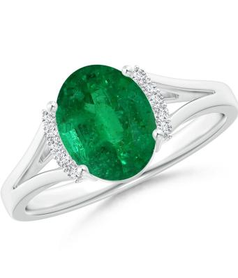 GIA Certified Oval Emerald Split Shank Ring with Diamond Collar