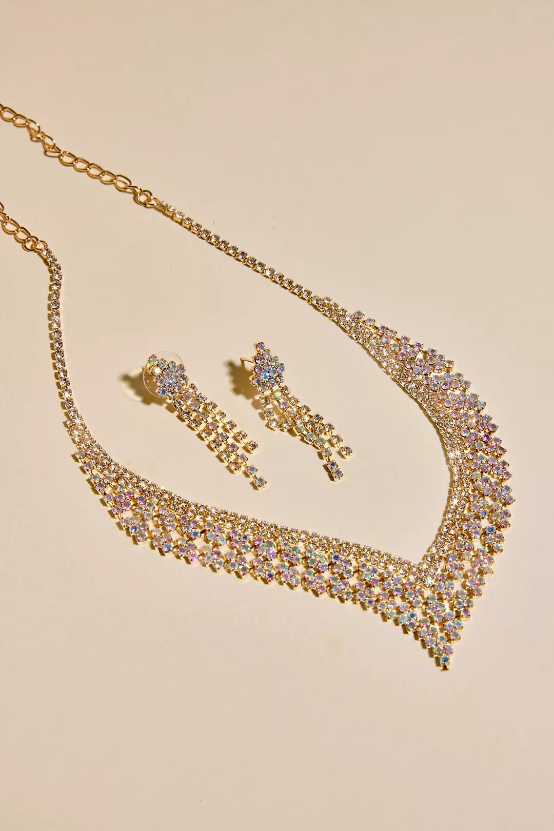 Iridescent Rhinestone Collar Necklace and Earrings