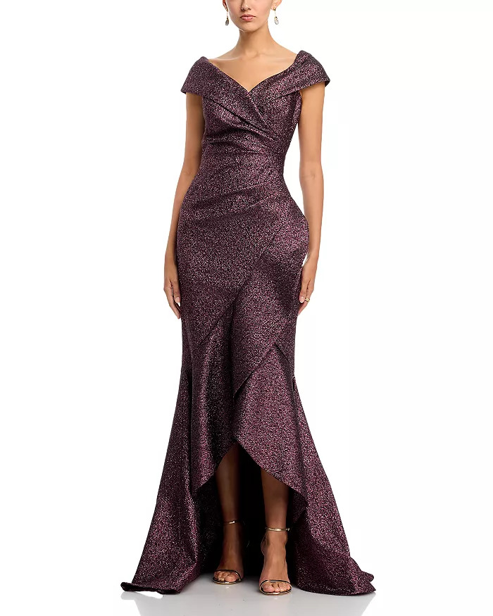 Teri Jon by Rickie Freeman Metallic Jacquard Ruffle Gown