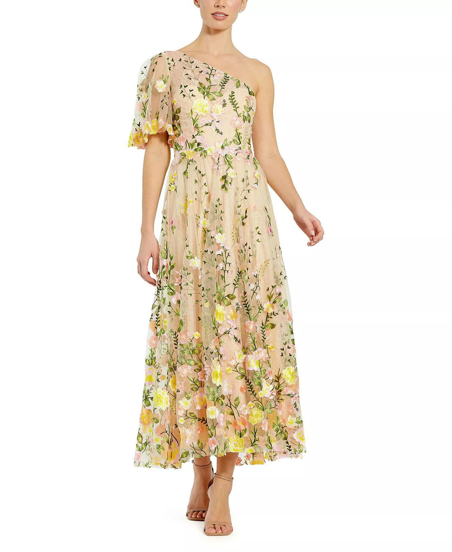 Mac Duggal One-Shoulder Lace Embroidered Dress