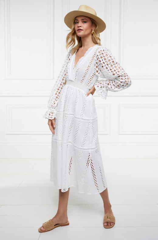 Holland Cooper Women’s Broderie Lace V-Neck Midi Dress in White