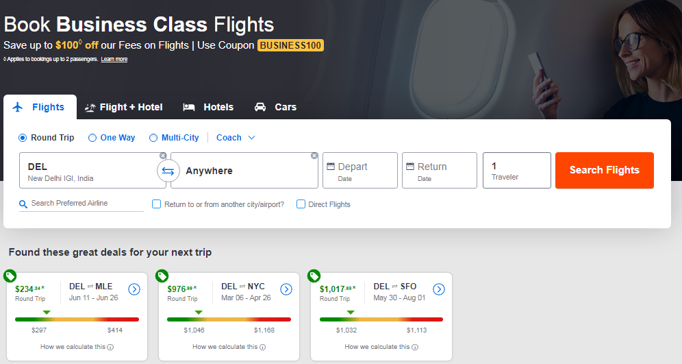 Book Business Class Flights Save up to $100◊ off our Fees on Flights Use Coupon BUSINESS100