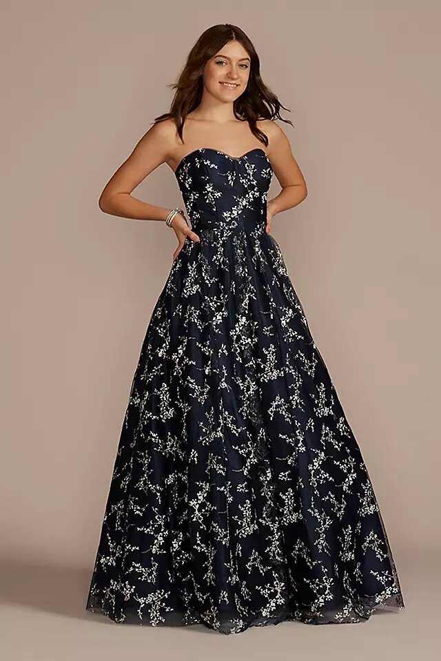 Strapless glitter mesh ball gown with corset