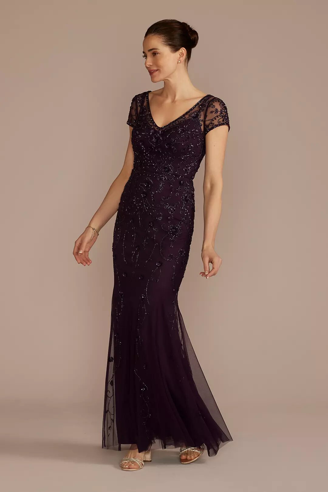 Short sleeve beaded sheath dress with godets