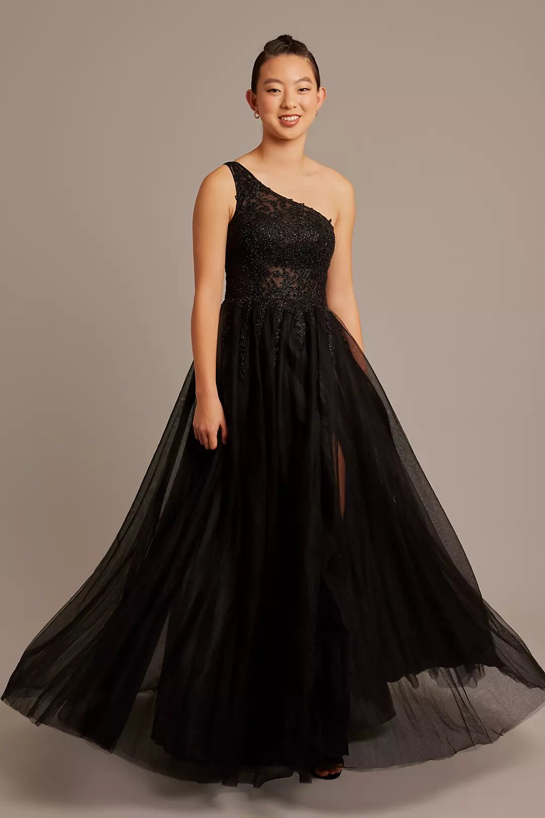 Beaded Lace and Tulle One-Shoulder A-Line Dress