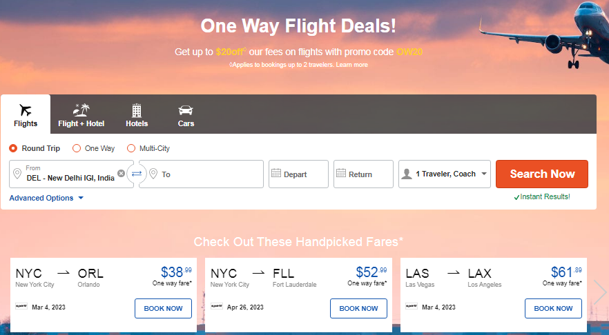 One Way Flight Deal! Get up to $20 off with promo code OW20.Book Now!