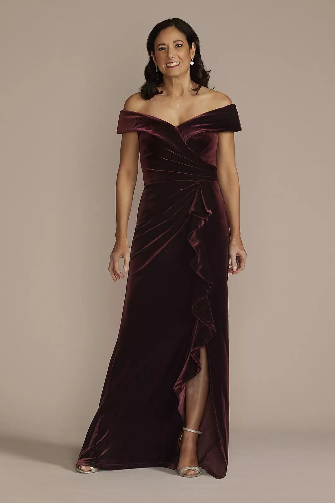 Velvet Off-the-Shoulder Sheath with Ruffle