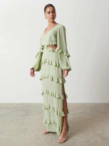 Women's Green Evie Ruffle Long Sleeve Dress $92 Shipped