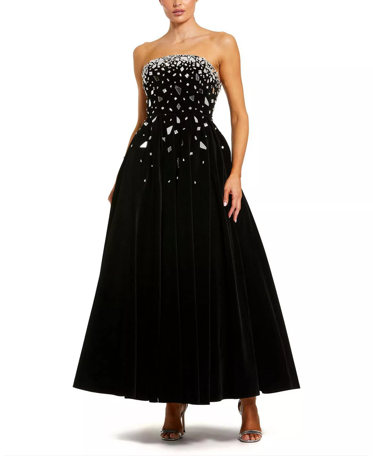 Mac Duggal Strapless Velvet A-Line Ankle Dress with Rhinestone Embellishment