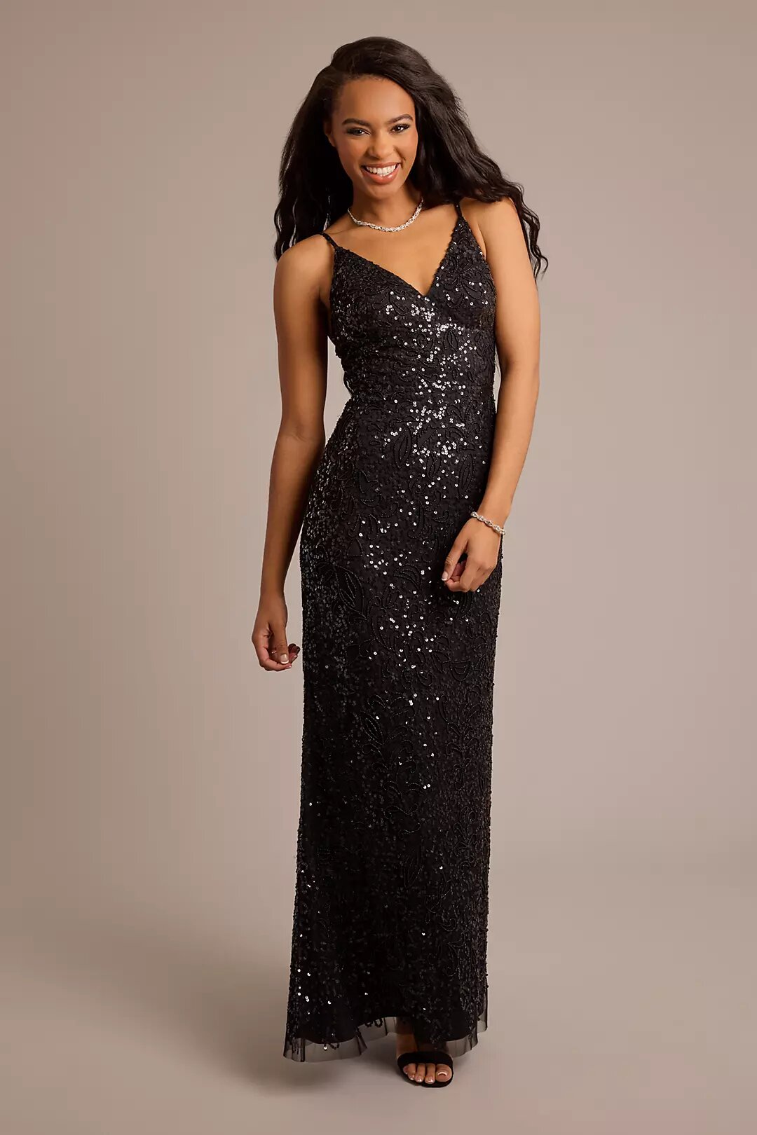 Beaded and Sequined Spaghetti Strap Sheath Dress