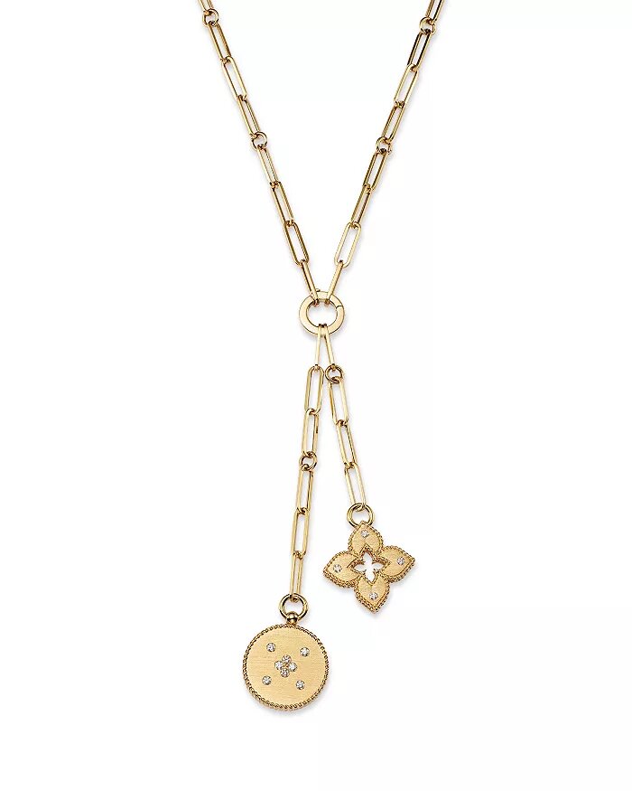 18K Yellow Gold Venetian Princess Diamond Flower & Disc Pendant Y Necklace, 15"