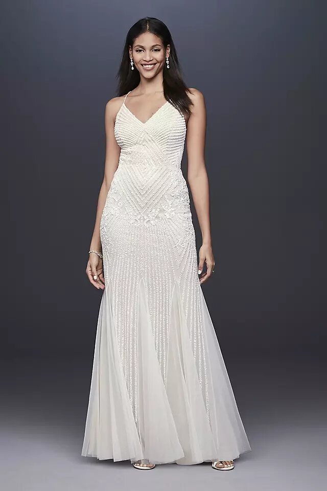 Beaded Sheath V-Neck Dress with Godets $400 Shipped
