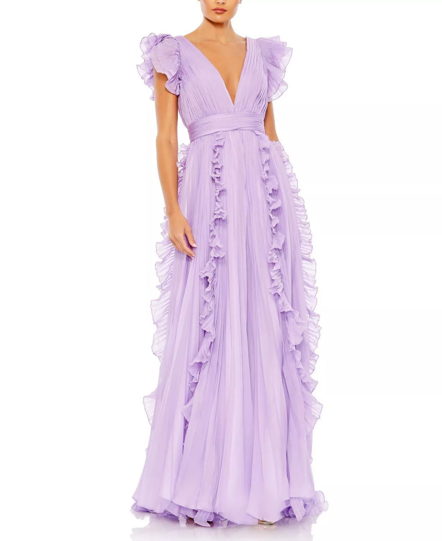 Mac Duggal Pleated Ruffle Cap Sleeve Flowy A-Line Gown