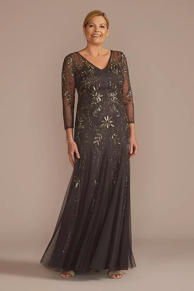Three-quarter sleeve beaded gown with godets