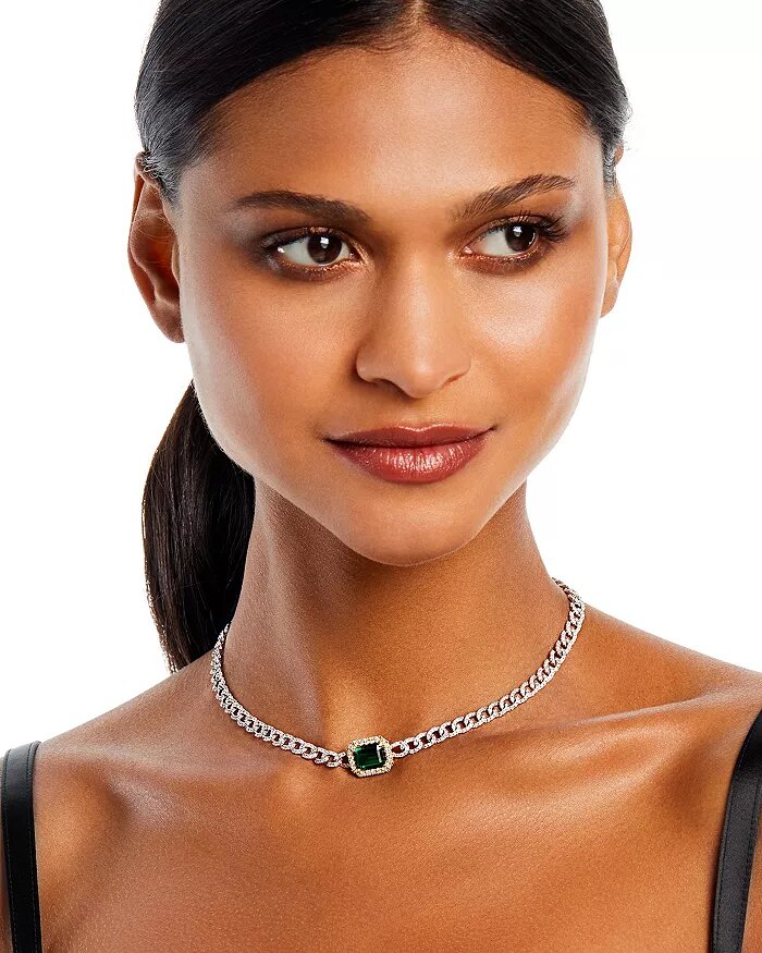 Emerald & Diamond Link Choker Necklace in 14k Yellow & White Gold, 14-18" - 100% Exclus