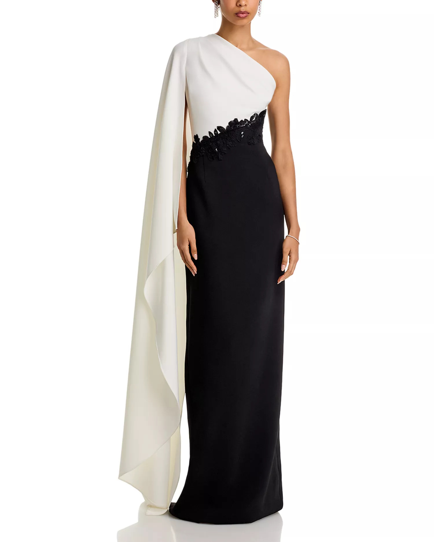 Teri Jon by Rickie Freeman Crepe One-Shoulder Gown with Drape Sleeve