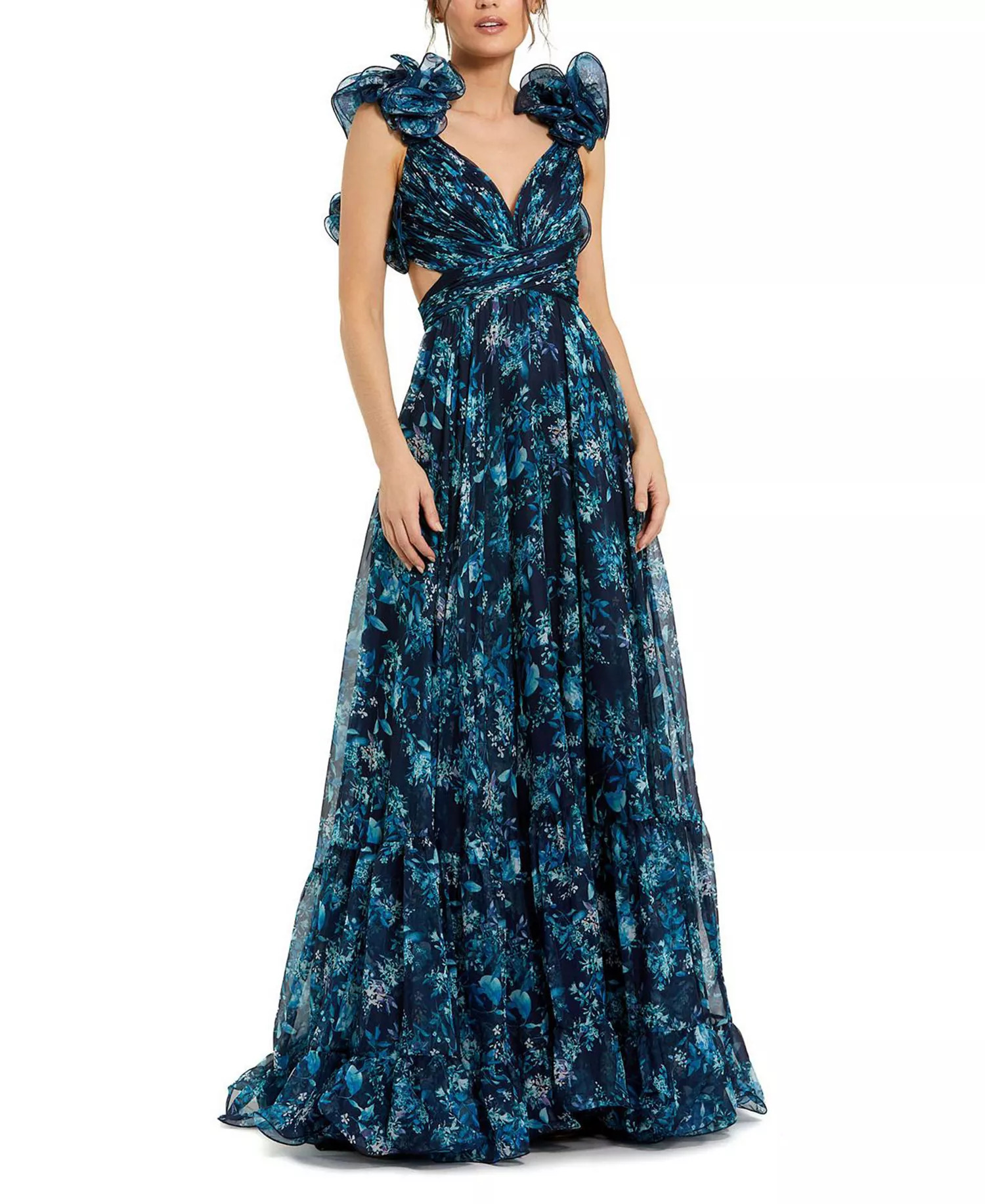 Mac Duggal Women’s Ruffle Tiered Floral Cut-Out Chiffon Gown