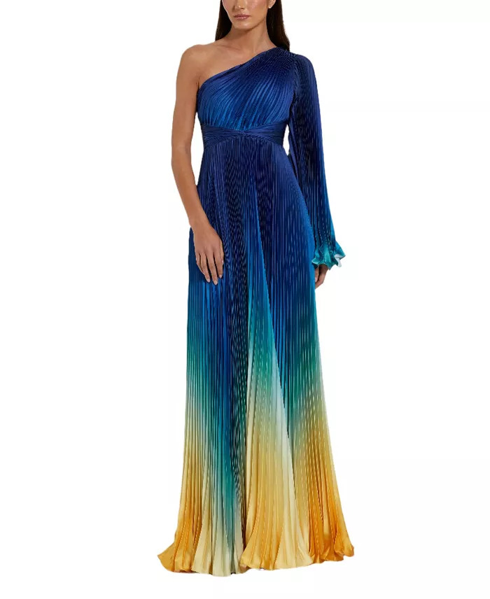 Mac Duggal Pleated Charmeuse One-Shoulder Flare Sleeve Gown