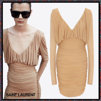 Short Casual Style V-Neck Long Sleeves Plain Party Style