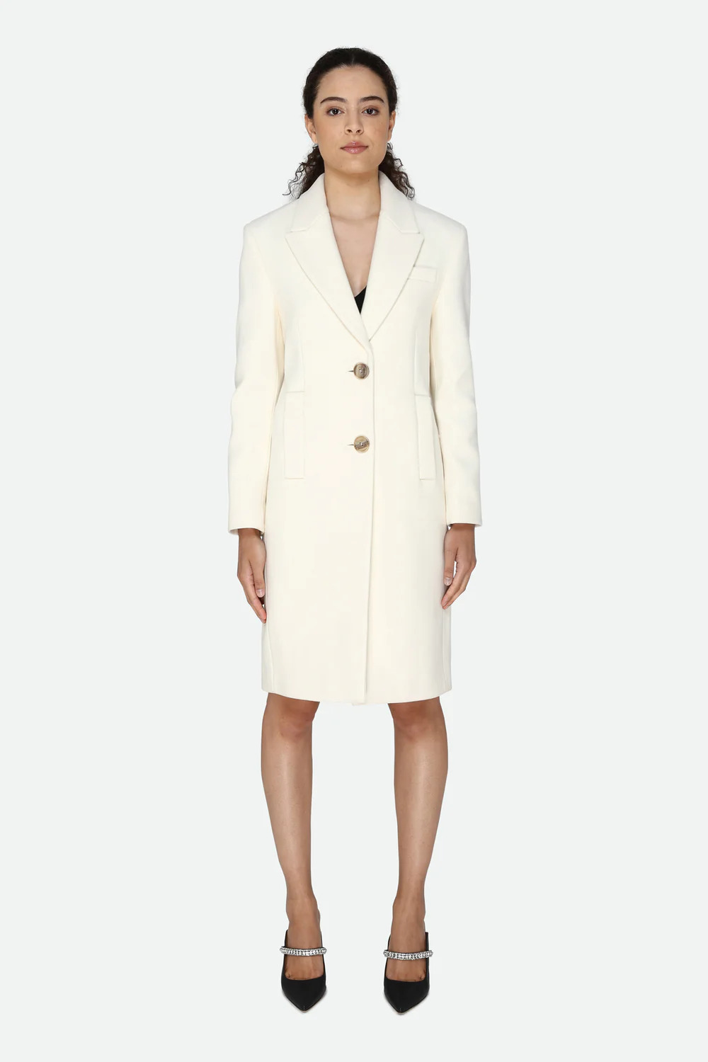 Pinko White Single-Breasted Coat – Slim Fit Wool Blend