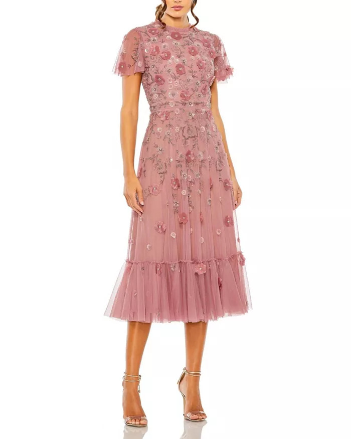 Mac Duggal Embellished High Neck Floral Appliqué A-Line Dress