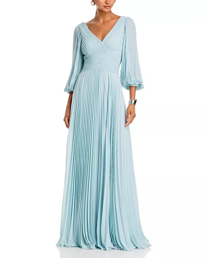 Chiffon Pleated V Neck Gown