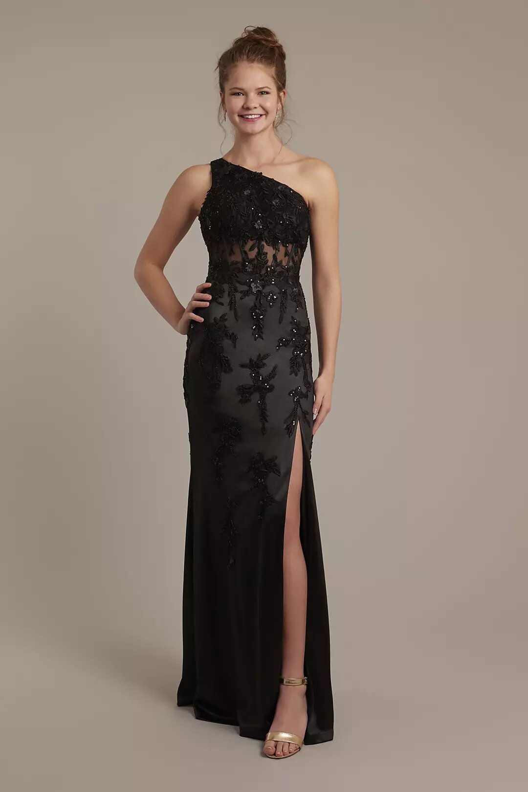 One-Shoulder Illusion Corset Applique Sheath