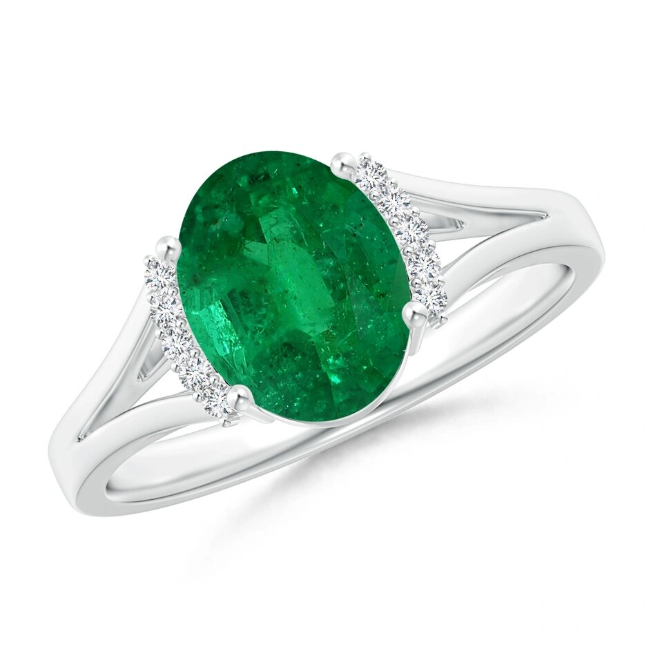 GIA Certified Oval Emerald Split Shank Ring with Diamond Collar
