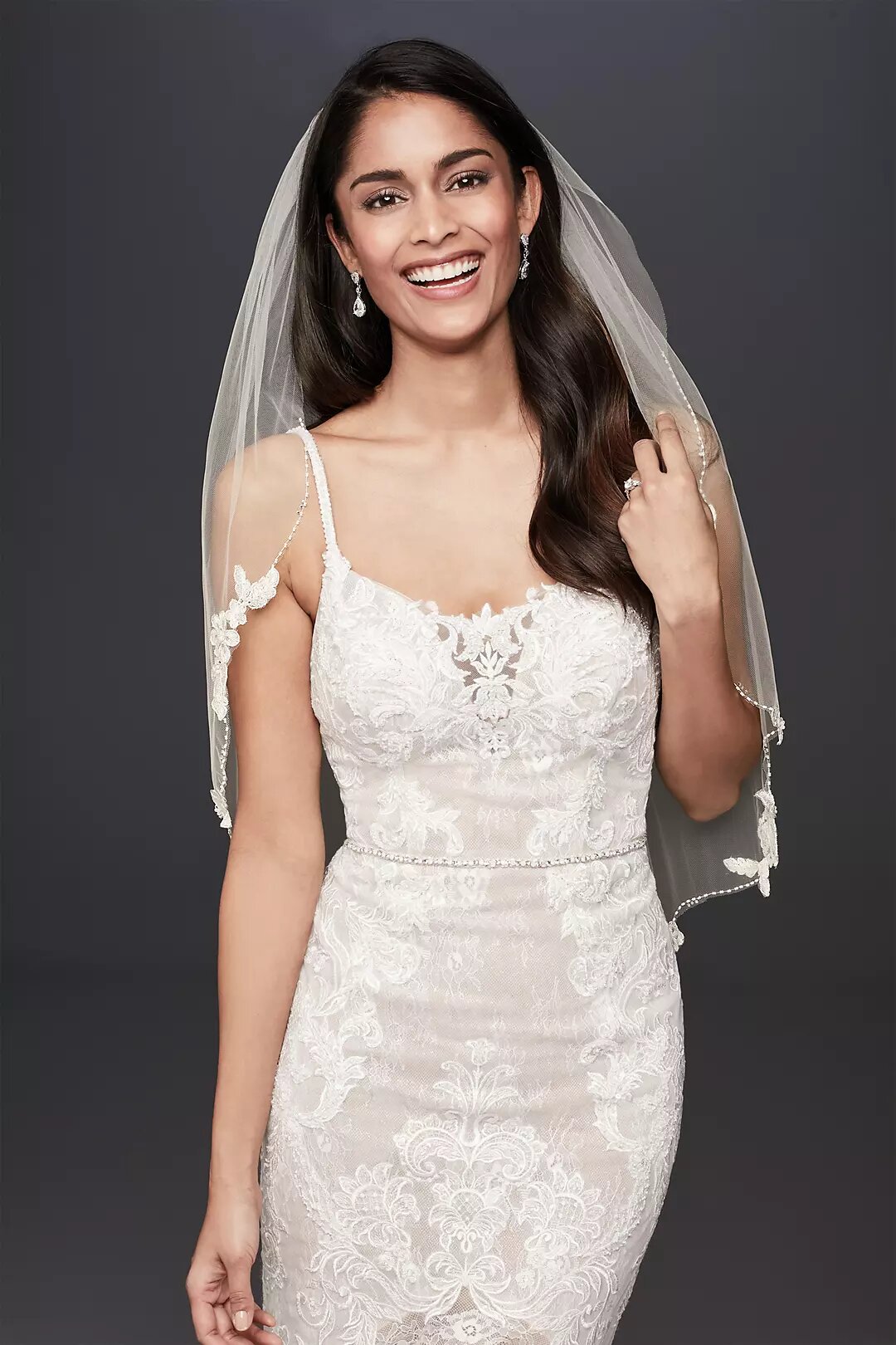 Floral Lace and Crystal Trimmed Elbow Length Veil